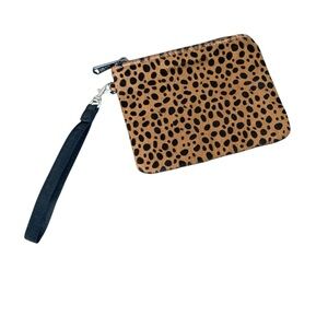 Aimee Kestenberg Calf Hair Leather Leopard Wristlet Clutch Wallet Zips Tan Black